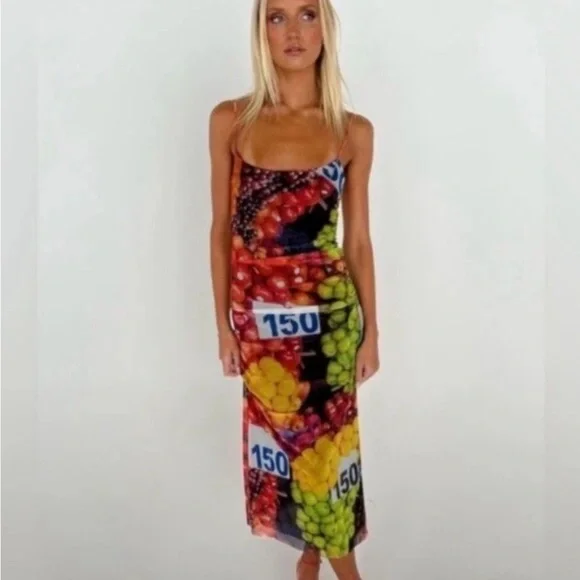 NEW Zara Fruit Stand Print Mesh Ruched Midi Bodycon Dress Size Medium (M) - Picture 2 of 6